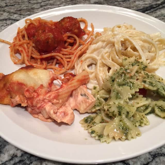 Spaghetti with meatballs and sausage; bowtie pesto pasta with oven roasted tomatoes; fettuccini alfredo;  baked ziti