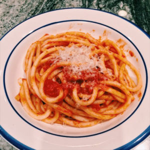 bucatini with a butter roasted tomato sauce