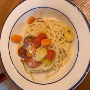 pasta alla carbonara with herb roasted tomatoes