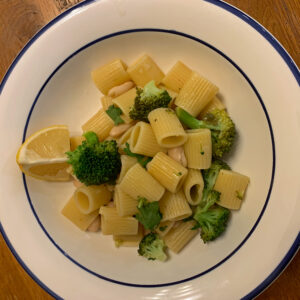 white bean piccata pasta with broccoli